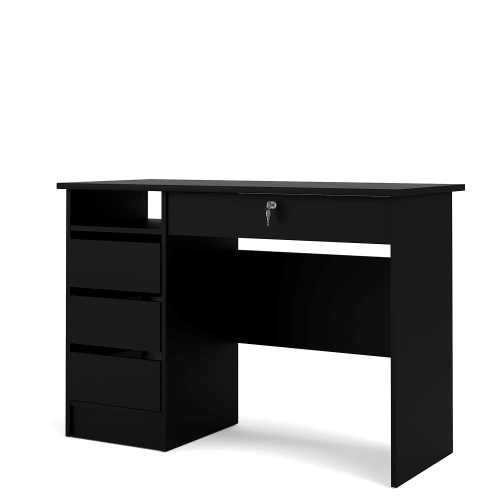 Plus skrivbord med 1 hylla, 3 små lådor och 1 stor låda med nyckel, matt svart.
