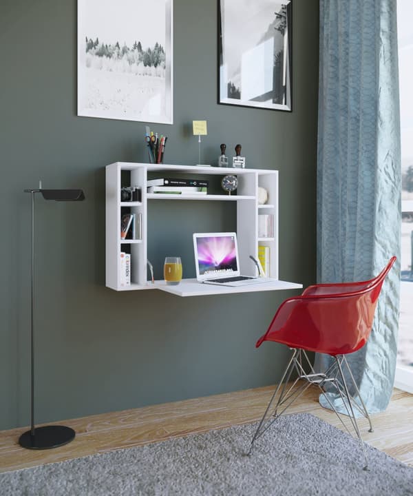 Wandila skrivebord, laptopbord væghængt skriveplade og 7 rum, hvid.