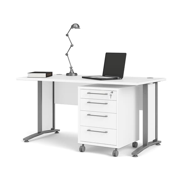 Prisme skrivbord med lådmodul på hjul, vit
