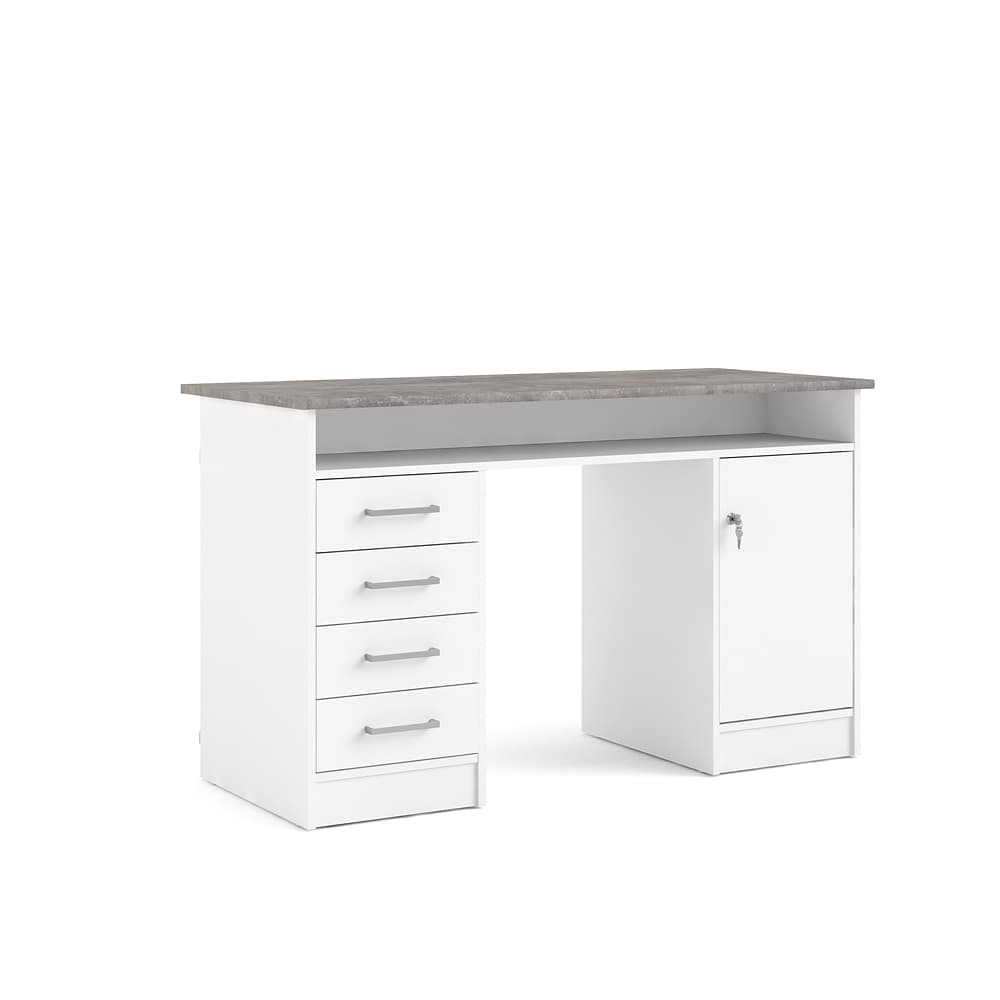 Plus skrivbord med 1 hylla, 4 lådor och 1 dörr med lås, vit/betongmönstrad.