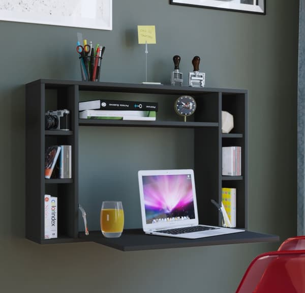 Wandila skrivebord, laptopbord væghængt skriveplade og 7 rum, sort.