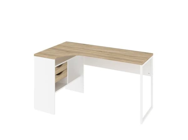 Plus hjørneskrivebord med 3 hyller og 2 skuffer. Hvit og eik struktur.