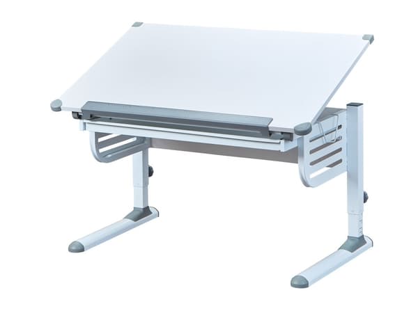 Skog skrivebord med heve senke plate og 1 skuff hvit og grå.
