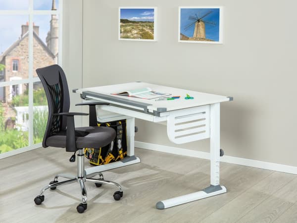 Skog skrivebord med heve senke plate og 1 skuff hvit og grå.