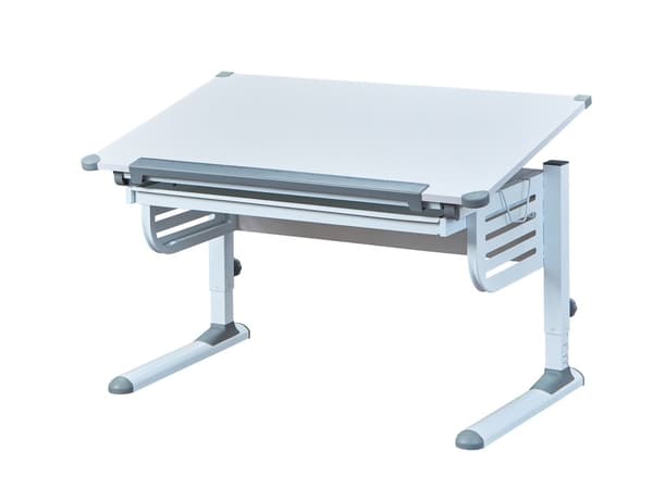 Skog skrivebord med heve senke plate og 1 skuff hvit og grå.