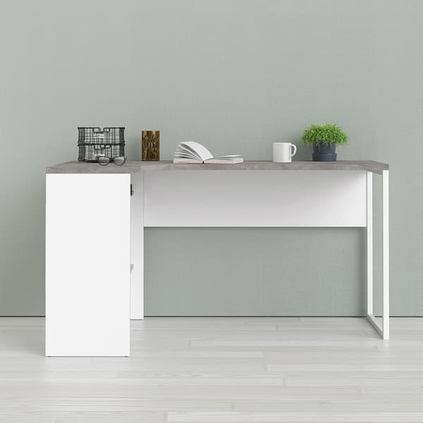 Plus skrivebord hjørneskrivebord med 3 hyller og 2 skuffer, hvit/betong dekor.