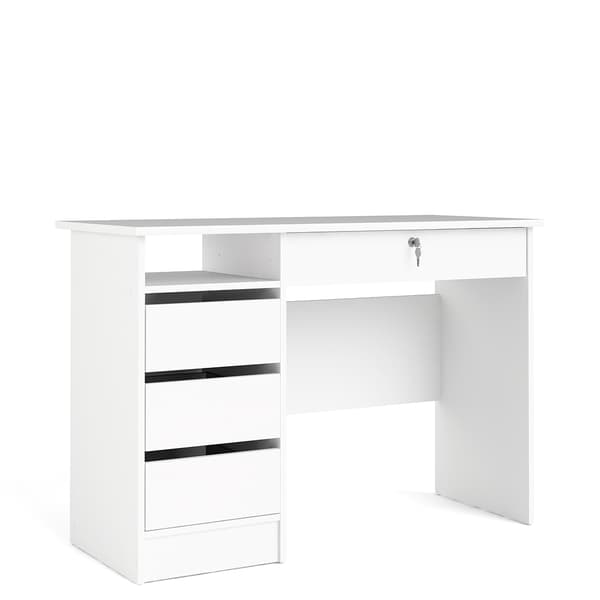 Plus skrivebord med 1 hylle, 3 små skuffer og 1 stor skuff med nøkkellås, hvit.