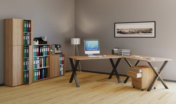 Lona hjørneskrivebord 220x160x80 cm X-ramme Sonoma eik dekor, svart.
