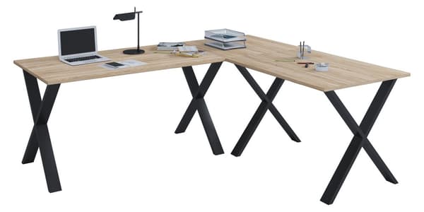 Lona hjørneskrivebord 220x160x80 cm X-ramme Sonoma eik dekor, svart.
