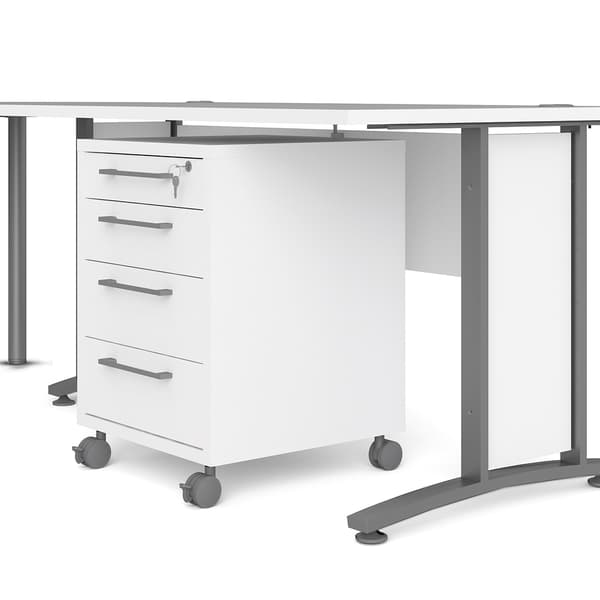 Prisme hjørneskrivebord 304 med skuffemodul på hjul, hvit