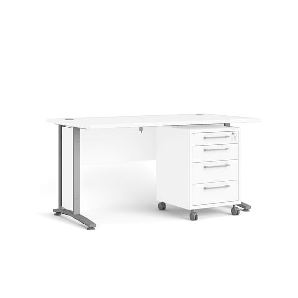 Prisme skrivebord med skuffemodul på hjul, hvit