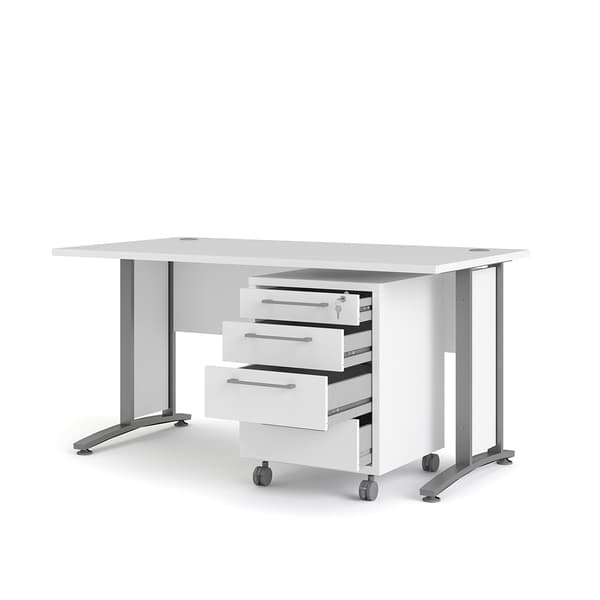 Prisme skrivebord med skuffemodul på hjul, hvit