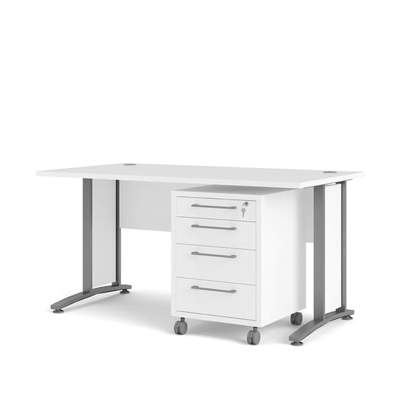 Prisme skrivebord med skuffemodul på hjul, hvit