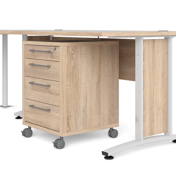 Prisme hörnskrivbord med lådmodul på hjul, ekmönstrad, vit