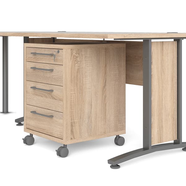 Prisme hörnskrivbord 304 med lådmodul på hjul, ekmönstrad