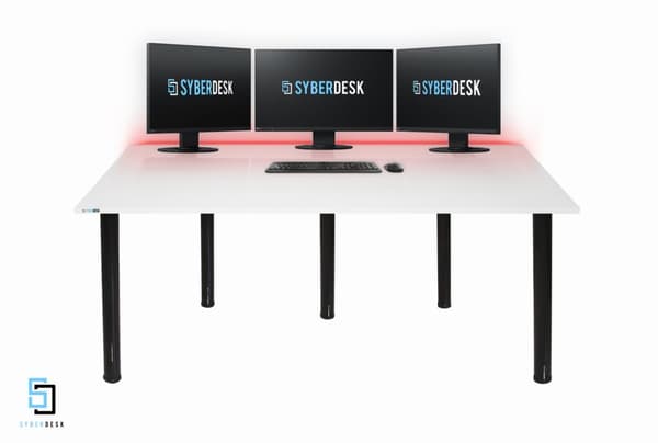 SyberDesk Gaming skrivbord PRO LED XXL, Spelskrivbord, 165x68, vitt stort datorbord
