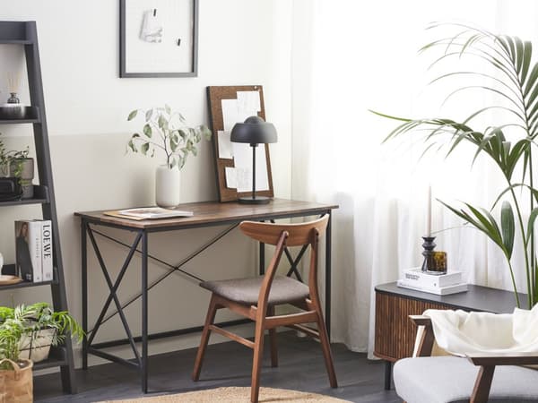 Työpöytä musta/tumma puu 115 x 60 cm MDF pöytälevy metallijalat industriaalinen tyyli