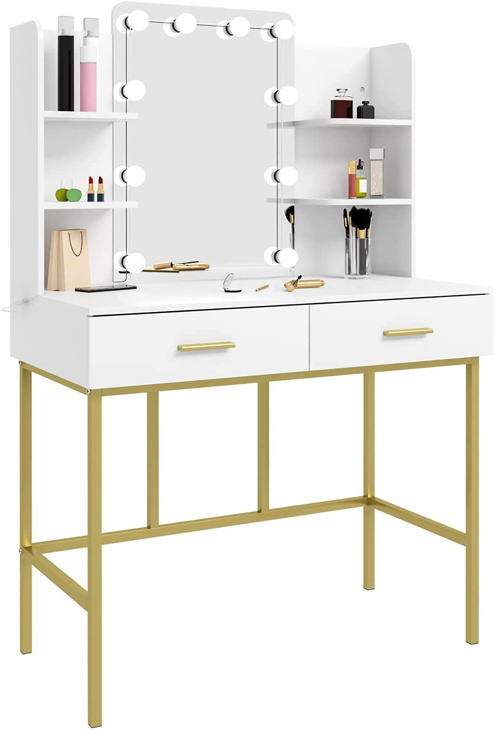 Sminkbord med spegel och belysning | Skrivbord | Lådor | 90 x 45 x 136 cm | Lyxigt