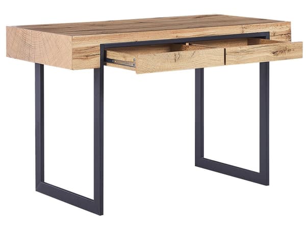 Työpöytä musta/vaalea puu MDF 120 x 55 cm metallijalat 2 laatikkoa