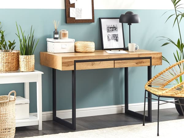 Skrivbord för Hemmakontor Ljust Trä med Svart MDF 120 x 55 cm Stålram med 2 Förvaringslådor