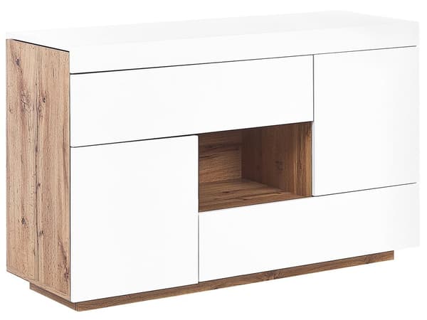 Sivupöytä valkoinen/vaalea puu 77 x 120 x 42 cm MDF paperivaneri laatikoilla säilytystilaa