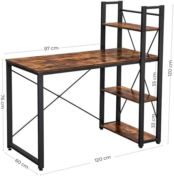 Tietokonepöytä vintage 120 cm hyllyillä ruskeanmusta