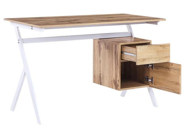 Hjemmekontor Skrivebord lyst træ med hvid MDF 120 x 60 cm Stålramme med Opbevaringsskuffehylde