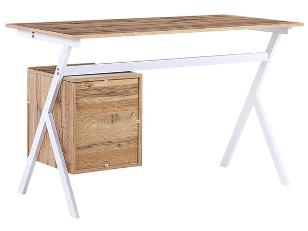 Hjemmekontor Skrivebord lyst træ med hvid MDF 120 x 60 cm Stålramme med Opbevaringsskuffehylde