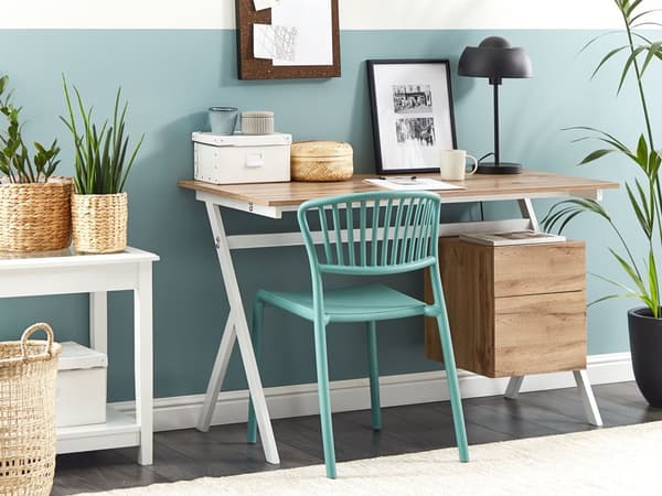 Hjemmekontor Skrivebord lyst træ med hvid MDF 120 x 60 cm Stålramme med Opbevaringsskuffehylde