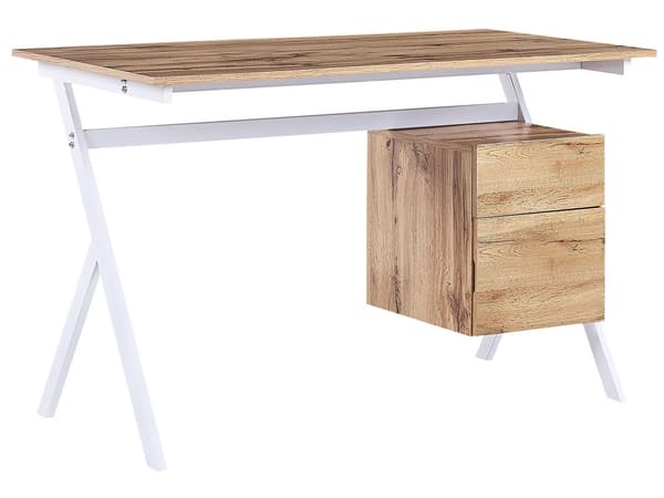 Hjemmekontor Skrivebord lyst træ med hvid MDF 120 x 60 cm Stålramme med Opbevaringsskuffehylde