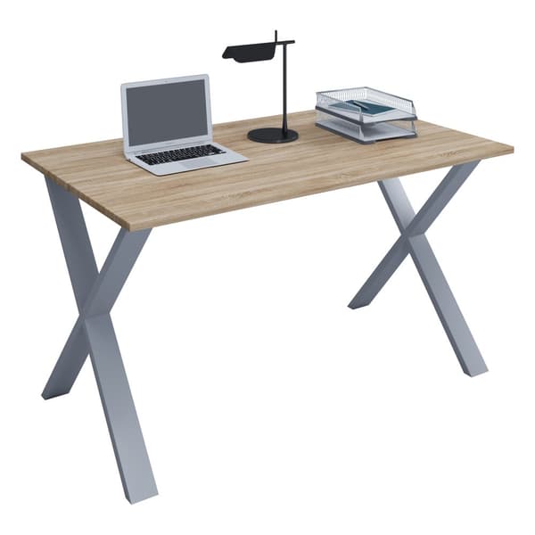 Lona skrivebord 140x80 cm X-stel Sonoma eg dekor, sølvfarvet.