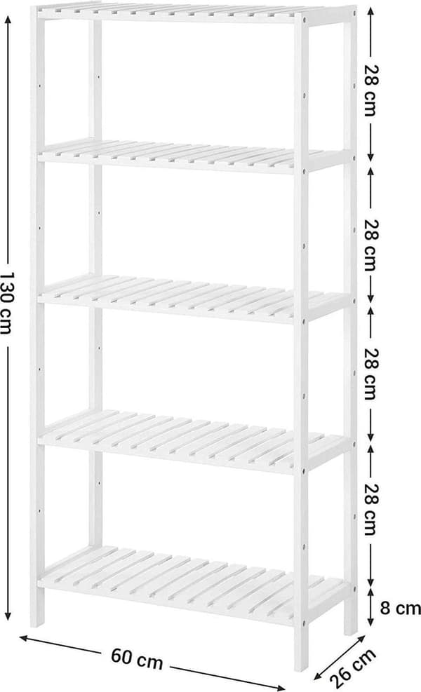 Bambu badrumsställ - Stående med 5 lager - 9 -steg i höjdjusterbar - multifunktionell - 60 x 26 x 130 cm - vit
