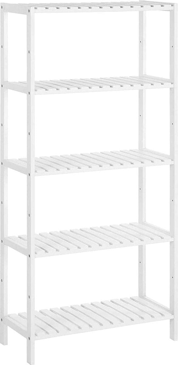 Bambu badrumsställ - Stående med 5 lager - 9 -steg i höjdjusterbar - multifunktionell - 60 x 26 x 130 cm - vit