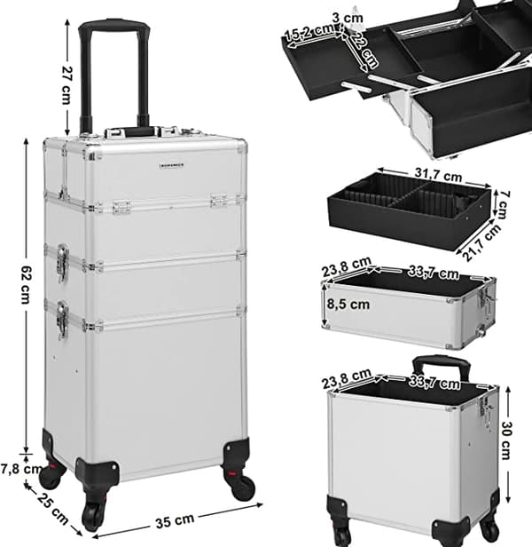 Beauty Case - Professional Meikkikotelo - 3-in-1 meikkikotelo matkoille - Lukittava - Hopea