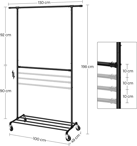 Vaateteline - vaatekaappi pyörillä - 2 vaatekiskoa - metallista - 110 kg verollinen