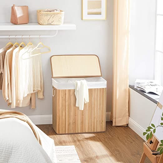Vasketøjskurv med 3 sektioner - clips - låg - håndtag - foldbar -150L