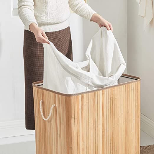 Vasketøjskurv med 3 sektioner - clips - låg - håndtag - foldbar -150L