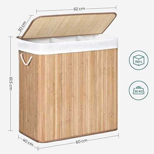Vasketøjskurv med 3 sektioner - clips - låg - håndtag - foldbar -150L