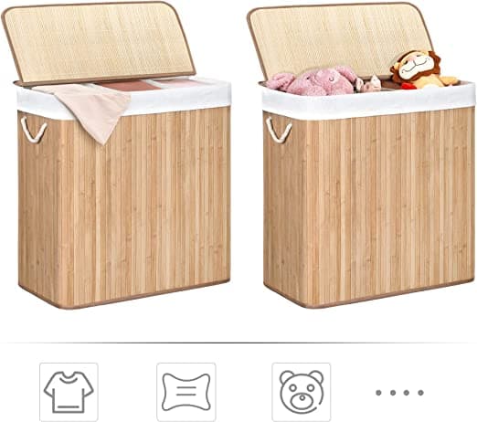 Vasketøjskurv med 3 sektioner - clips - låg - håndtag - foldbar -150L