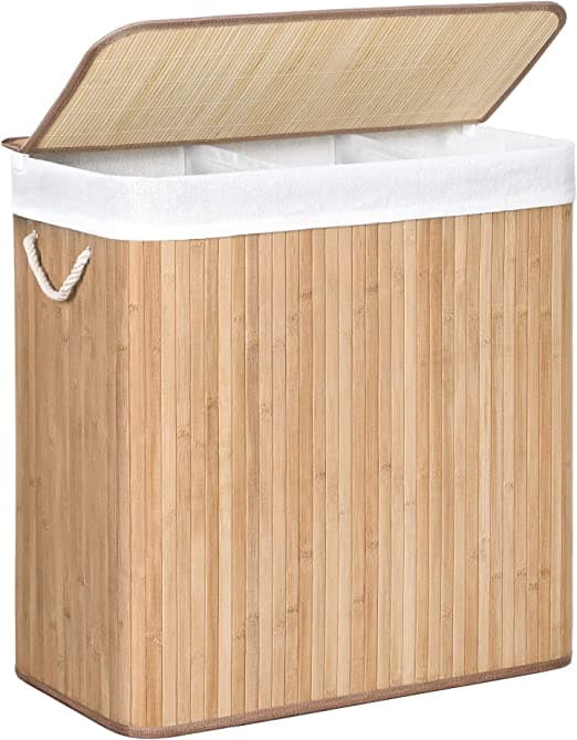 Vasketøjskurv med 3 sektioner - clips - låg - håndtag - foldbar -150L