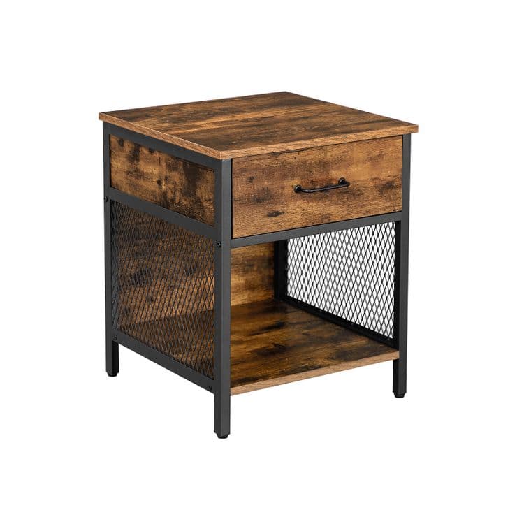 Sängbord - sidobord med 1 låda och 1 öppen hylla - stålram - 45 x 45 x 55 cm