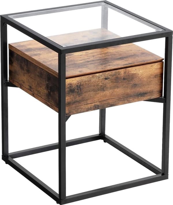 Glas sidebord - med skuffe - natbord - industriel - vintage brun