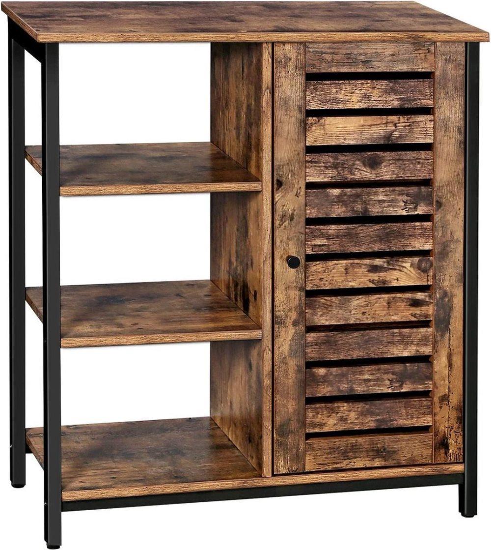 Industriell skänk - med 3 öppna rack och lameller dörr - vardagsrumskåp - vintage brunt