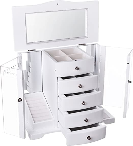 Smyckeslåda - stor trä - med dörr - 4 lådor - vit