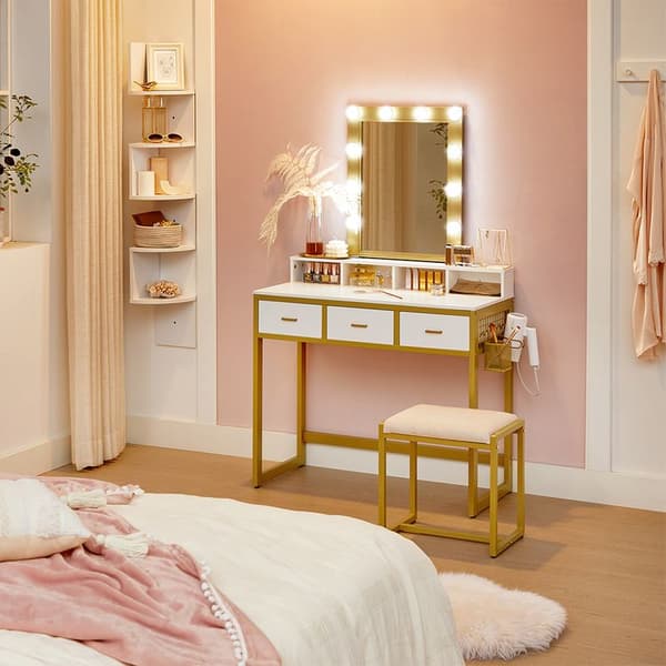 Make-UP bord - Taburet til toiletbord - 10 LED-lys - Spejl - Justerbar lysstyrke - Moderne