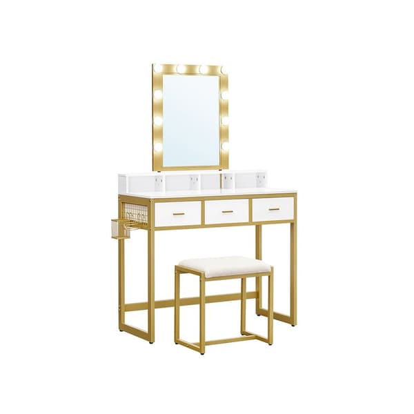 Make-UP bord - Taburet til toiletbord - 10 LED-lys - Spejl - Justerbar lysstyrke - Moderne