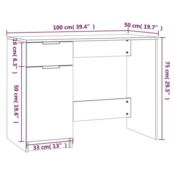 vidaXL Skrivebord røkt eik 100x50x75 cm konstruert tre