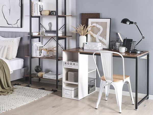 Hjem Skrivebord Mørk Treplate Svart Metallben i Stål Hvite Hyller Oppbevaring 120 x 60 cm