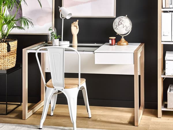 Hjem Skrivebord Hvit Tre Skuffoppbevaring Lyst tre Bordplate i glass 120 x 60 cm Minimalistisk design