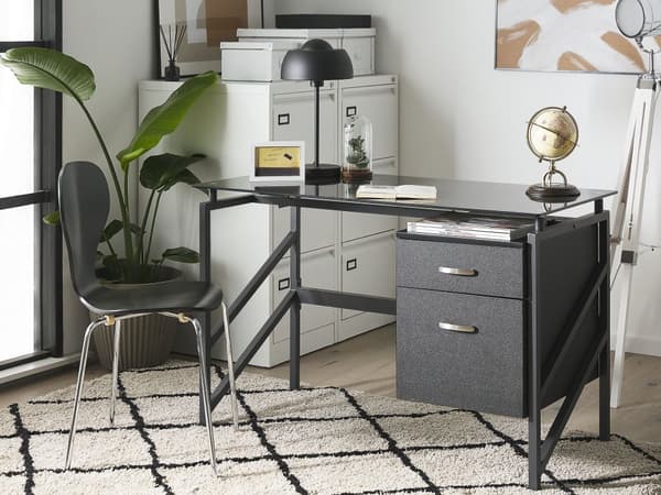 Skrivebord til hjemmekontoret Svart metallramme Topplate i herdet glass 117 x 57 cm Oppbevaringsskuffer Moderne industriell design
